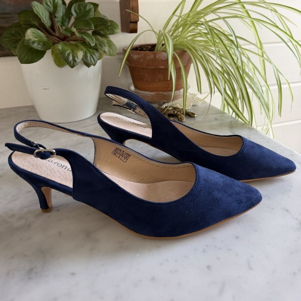 Greatonu Womenโs Blue Suede Slingback Pointed Toe Kitten Heel Buckle 9